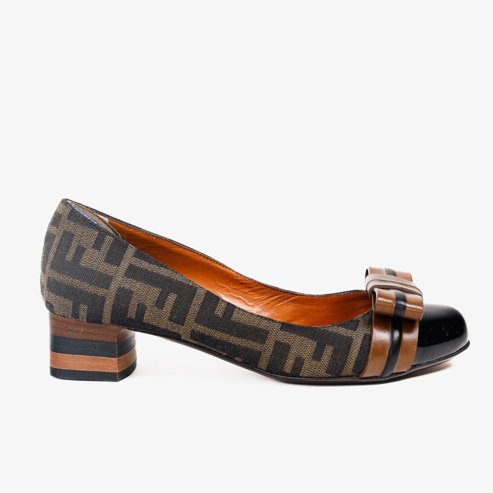 Fendi Brown Black Zucca Canvas Leather Bow Cap Toe Pumps